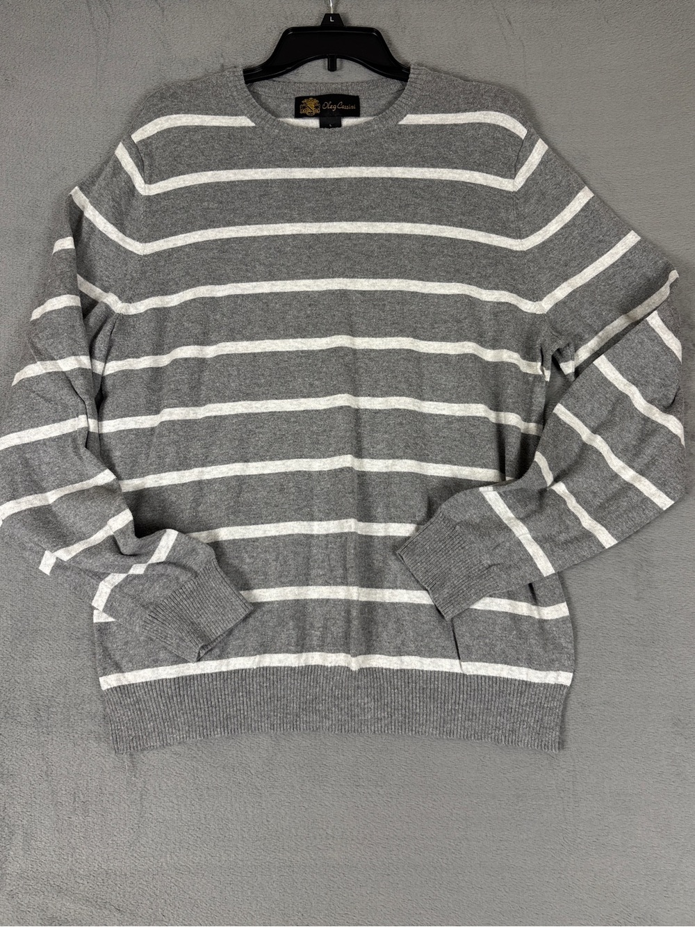 Oleg Cassini Gray and White Striped Crewneck Sweater